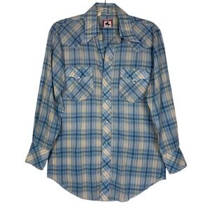 Vintage Chute #1 Shirt Mens Medium Blue Plaid Pearl Snap Western Cowboy Flaws